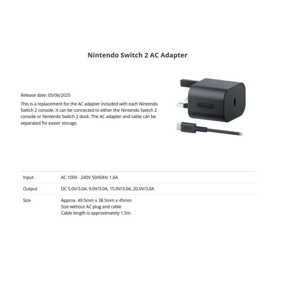 Adaptador AC Cargador Nintendo Switch 2