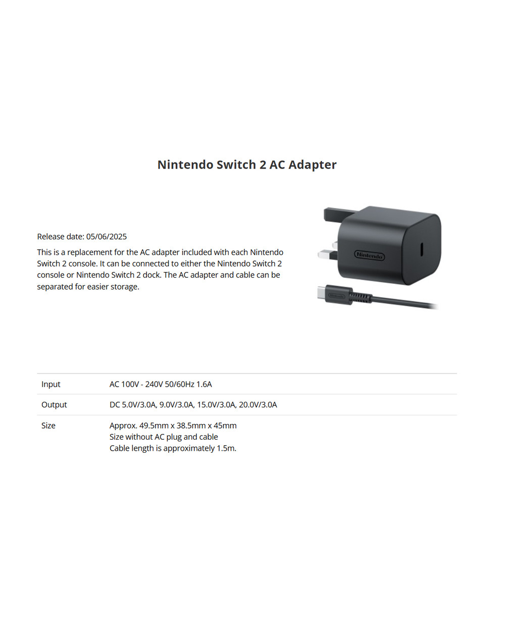 Adaptador AC Cargador Nintendo Switch 2